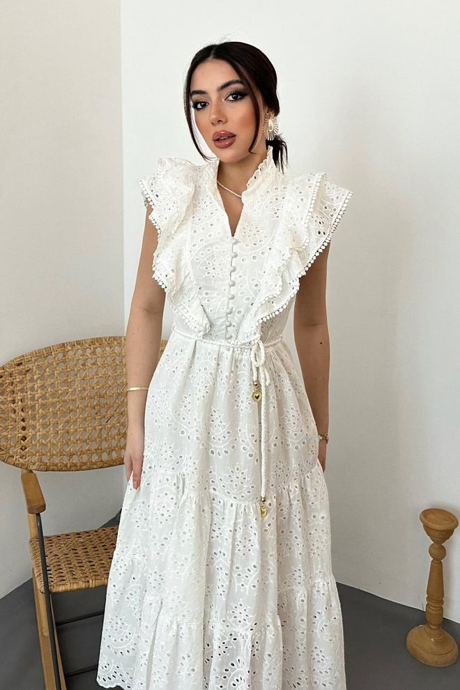 Robe Boutonnée À Volants - blanc et noir