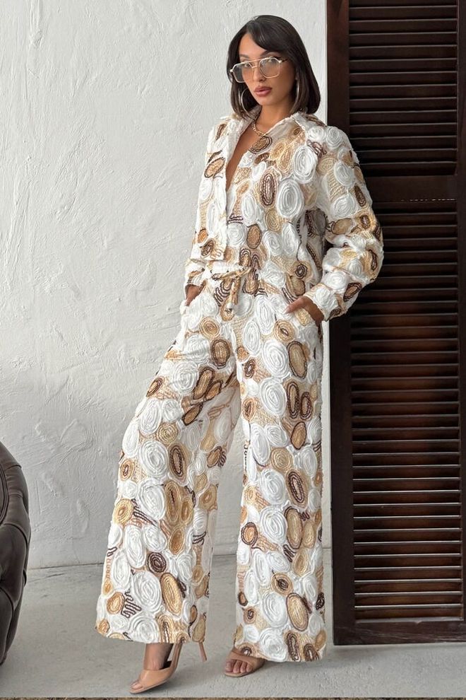 Chemise Beige En Marbre Décontractée Boutonnée Col Châle