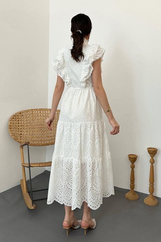 Robe Boutonnée À Volants - blanc et noir