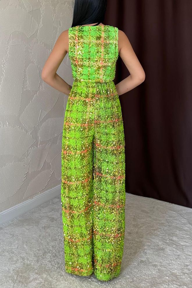 Gilet sans manche vert pailleté avec pantalon