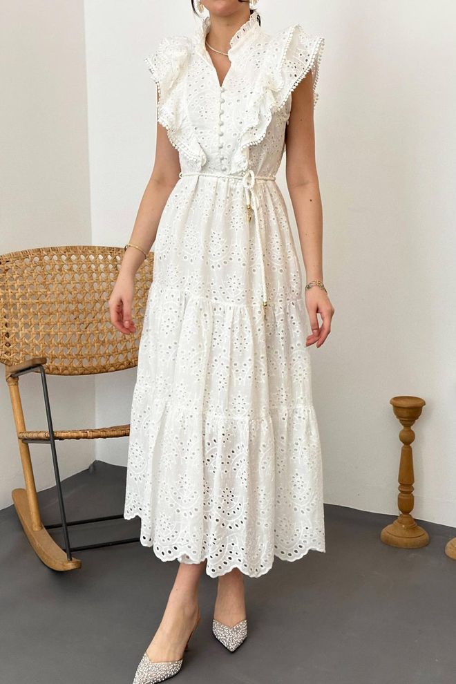 Robe Boutonnée À Volants - blanc et noir